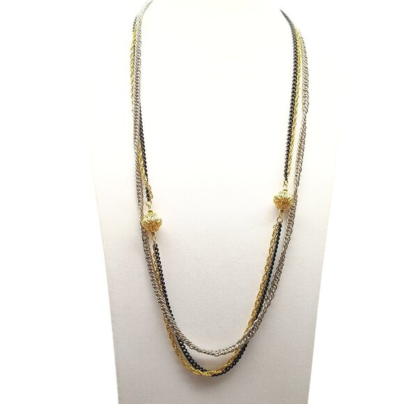 Vintage Celebrity Multi-Tone Layered Chain Necklace with Gold Filigree Beads - Picture 1 of 2